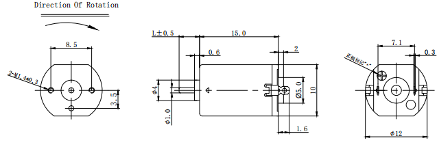 N20 Mini Motor 1.5v 3.0v 6.0v  7.5v 12v Motor 2D Drawing
