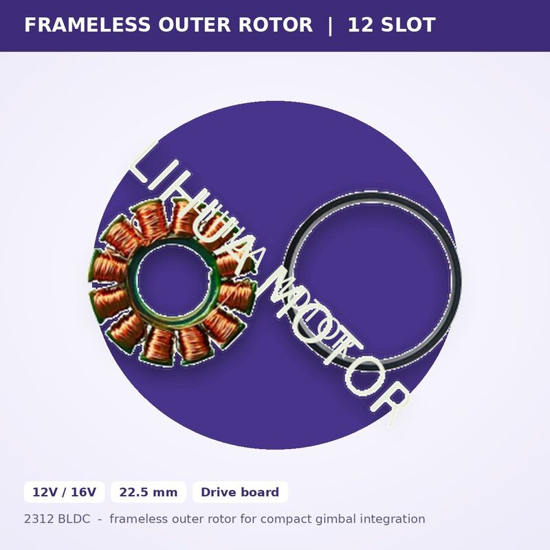 2312 BLDC 22mm 12V Outer Rotor Frameless Brushless Motor 12 Slot Low Cogging for Gimbal Head