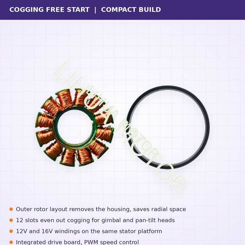 2312 BLDC 22mm 12V Outer Rotor Frameless Brushless Motor 12 Slot Low Cogging for Gimbal Head
